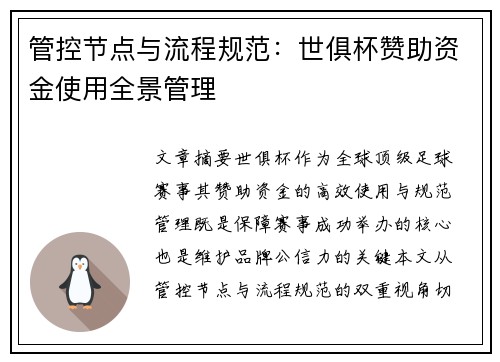 管控节点与流程规范：世俱杯赞助资金使用全景管理
