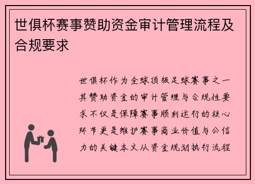 世俱杯赛事赞助资金审计管理流程及合规要求
