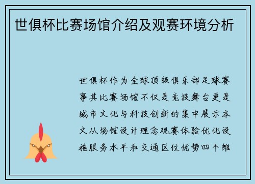 世俱杯比赛场馆介绍及观赛环境分析